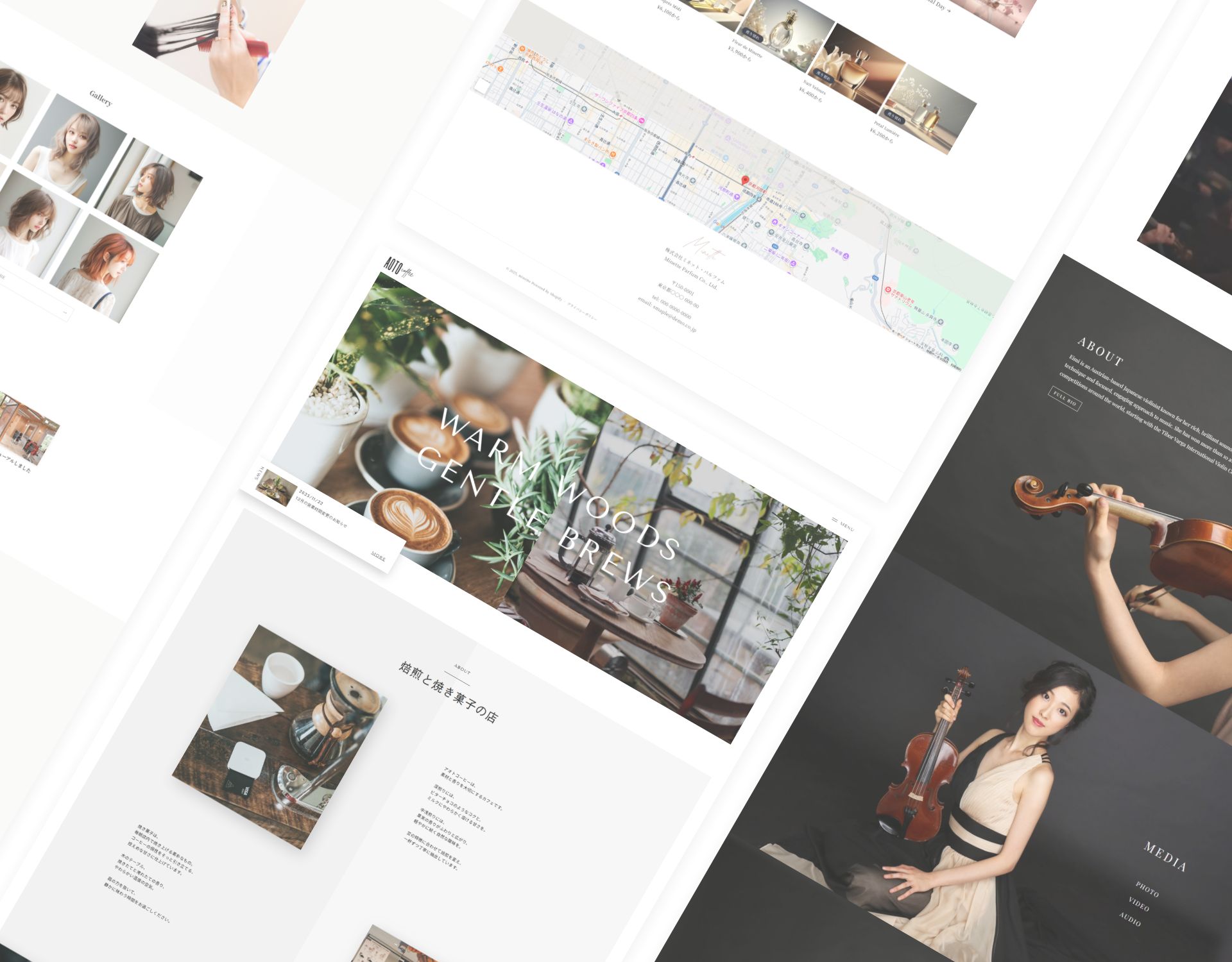 カフェやアーティストサイトなど複数ジャンルのWebサイト制作実績例。