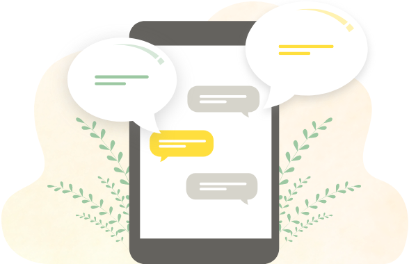 Webサイトの相談や提案を行う場面を表したチャット吹き出しのイラスト。