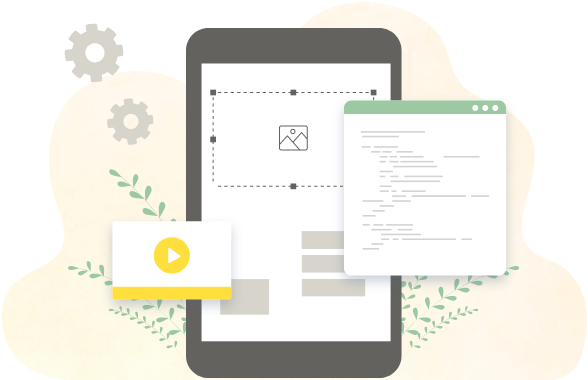 Webサイト制作をイメージしたデザイン編集画面とコーディングのイラスト。
